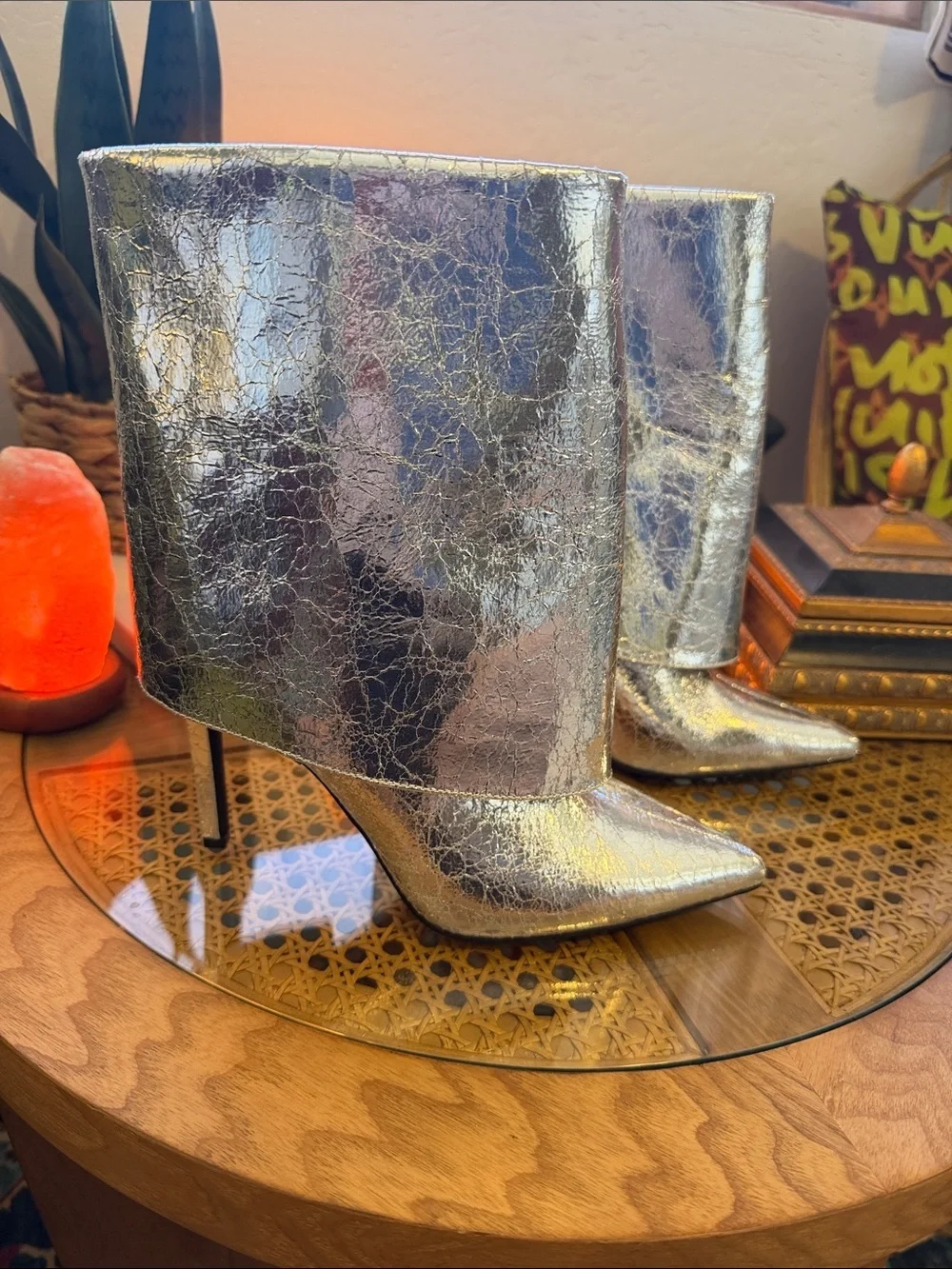 Metallic Silver Pointed Stiletto Ankle Boots - Picture 1 of 7